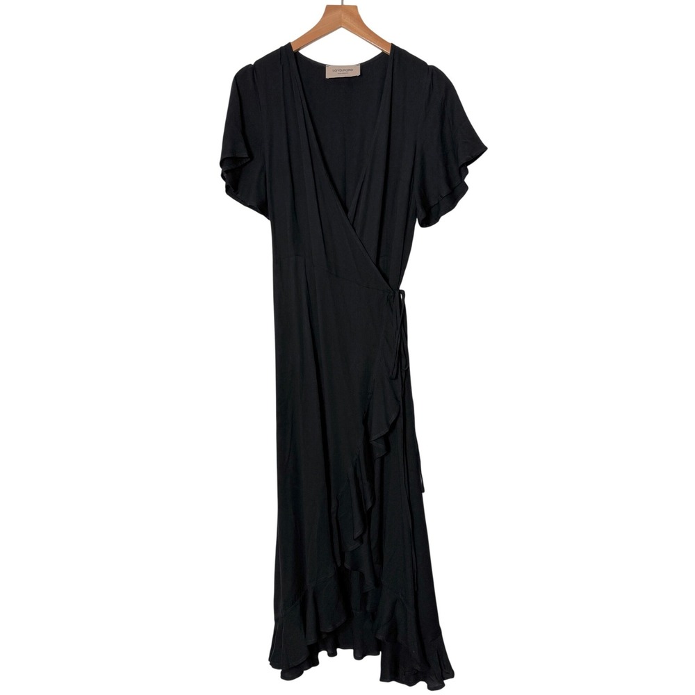 Loyd Ford Palm Springs Black Ruffle Wrap Midi Dress Short Sleeve Womens Medium